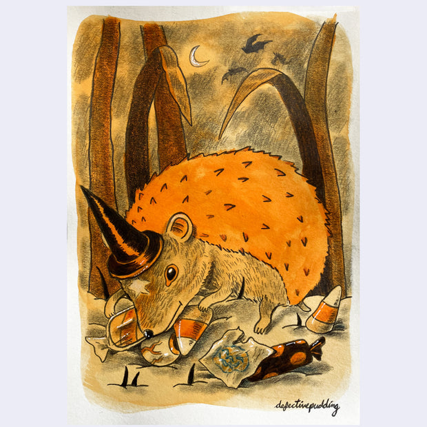 Orange and black colored pencil illustration of a hedgehog with a witch's hat, gathering lots of Halloween candy in front of itself. Bats fly overhead.