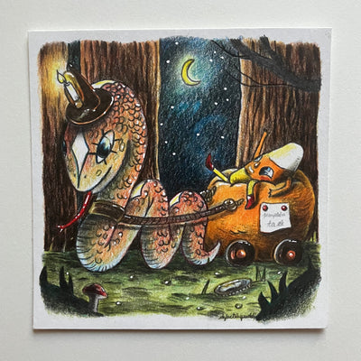 Colored pencil illustration of an anthropomorphic piece of candy corn riding in a pumpkin cart, being pulled by a large brown snake with cute eyes and a candle lit atop its head. They ride through the dark night forest.