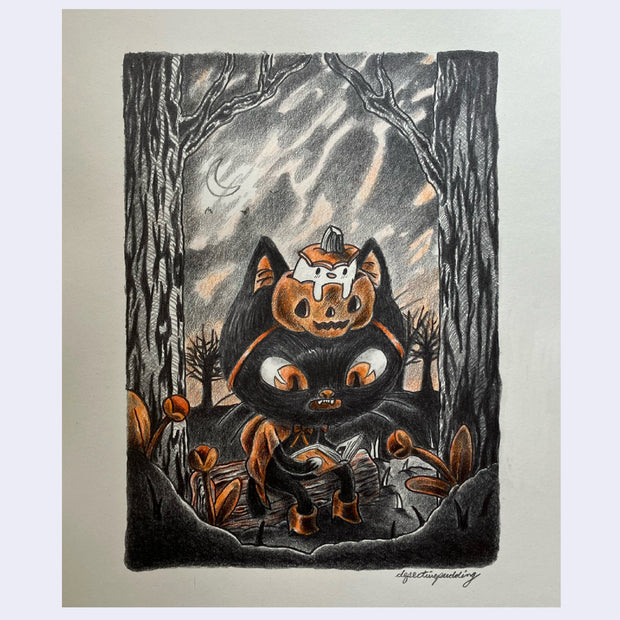 Graphite illustration with orange color accents of a black cat sitting on a fallen tree trunk and reading a book, looking slightly concerned. Atop its head is a small jack o lantern with a ghost popping out.