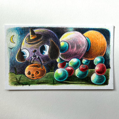 Colored pencil illustration of a figure made out of balls, akin to a caterpillar with bals for legs as well. Its head is of a dog with floppy ears and large blue eyes. It wears a small witch's hat and holds a pumpkin shaped basket in its mouth. 