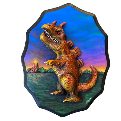 3D sculpture mounted to a wooden plaque of a orange and red dinosaur, akin to a T-Rex. Background is a volcano exploding at an ocean short with a colorful sunset.