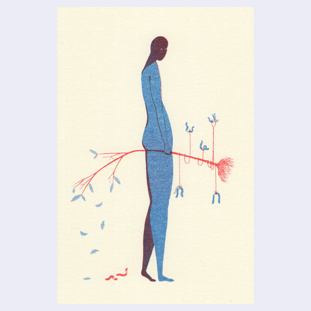 Risograph print of a nude person with an elongated body and small head, which is cast in shadow. They hold a uprooted young tree with worms tied to it.