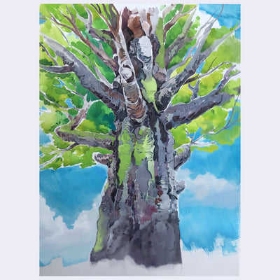 Gouache painting of a large tree, seen from the perspective of standing under it. It has bright green leaves and is against a bright blue cloudy sky.