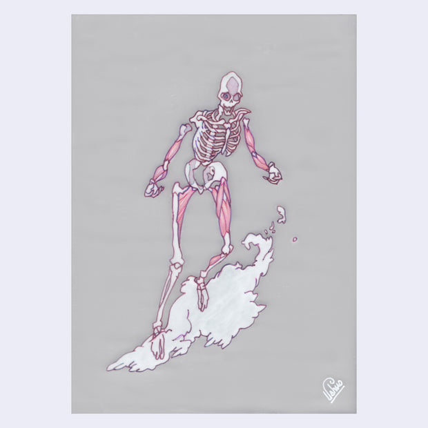 Illustration of a skeleton riding a wave on an invisible board. It is mostly bone with sparse muscles.