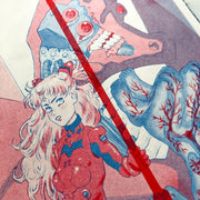 Risograph printed illustration in red and blue ink of a girl, Asuka from Evangelion, wearing her red mech suit and looking up with irritation. Behind her is a large monster.