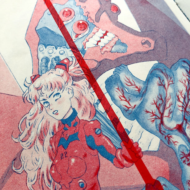 Risograph printed illustration in red and blue ink of a girl, Asuka from Evangelion, wearing her red mech suit and looking up with irritation. Behind her is a large monster.