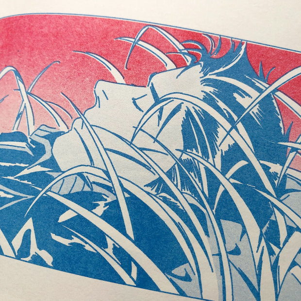 Risograph printed illustration in red and blue ink of a man resting in grass, laying with his hands behind his head and his eyes closed.