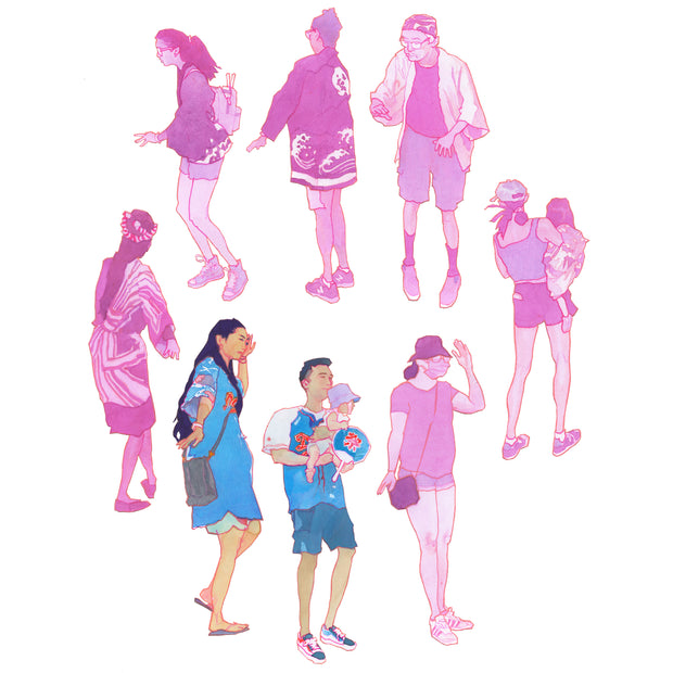 Illustration of 8 figures, forming a circle in their position and all posed slightly in dance. 6 of the figures are pink, wearing mostly urban and casual clothing and the final 2 are full color, wearing casual sports wear clothing.