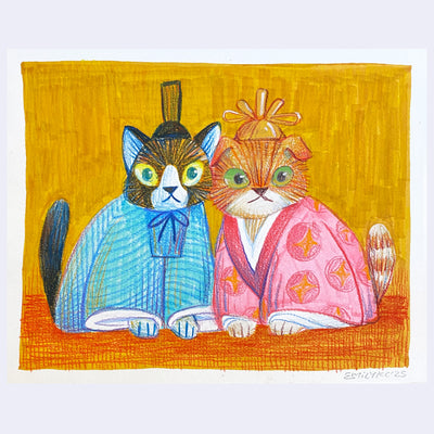 Colored pencil illustration of 2 cats, sitting and dressed up - one dressed like an old school Asian emperor and the other like an empress.