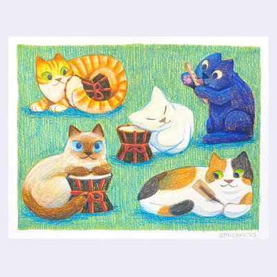 Colored pencil illustration of 5 different colored cats, sitting and playing or looking at instruments such as drums or wind instruments.