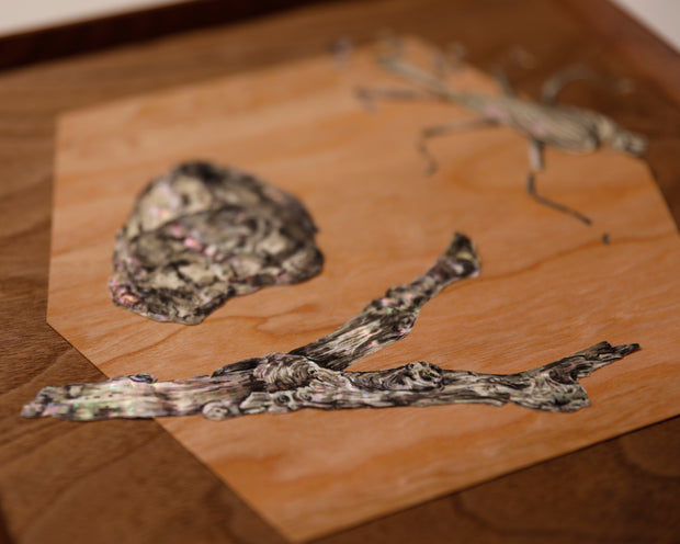 Collage on exposed wood of a twig, a rock and a bug, all made out of mother of pearl material with a pearlescent shine and graphite shading. Behind them is a wooden hexagon.