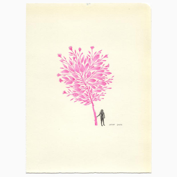 Watercolor illustration on cream colored paper of a large pink tree with many leaves. A woman stands near it, small in comparison.