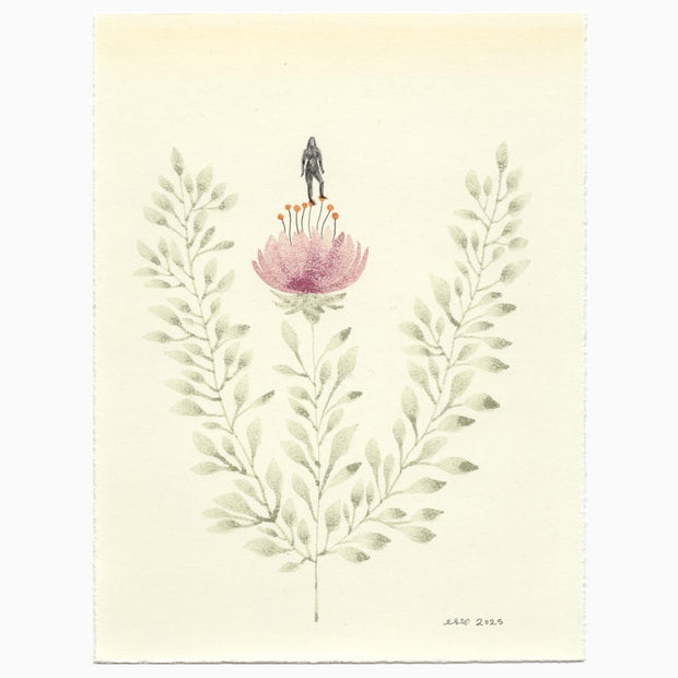 Watercolor illustration on cream colored paper of a dusky pink flower with thin green leaves and a woman stands atop it.