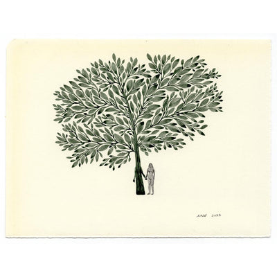 Watercolor illustration on cream colored paper of a large grayish green tree with hands on its trunk, which holds hands with a nude woman.