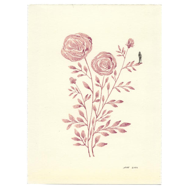 Watercolor illustration on cream colored paper of red roses, with very long stems and small leaves. The silhouette of a tiny woman stands on one of the leaves.