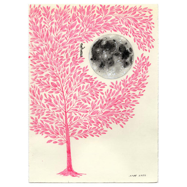 Watercolor illustration on cream colored paper of a large pink tree with many small leaves, and a giant black and gray moon in side of it. A small woman stands next to it.