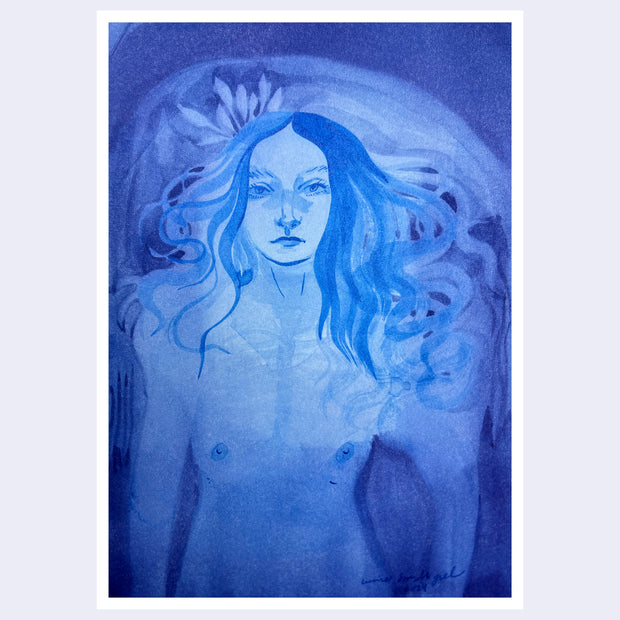 Blue monochromatic watercolor illustration of a nude woman, seen from the waist up. She looks at the viewer and her ribs can faintly be seen through her skin. A flower grows behind her.