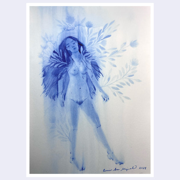 Blue watercolor illustration of a nude woman, standing with flowers blurred and coming out of her body.