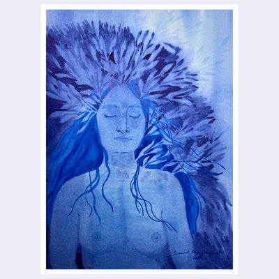 Blue monochromatic watercolor illustration of a nude woman, seen from the chest up. She closes her eyes and looks serene and many leaves grow behind her head.