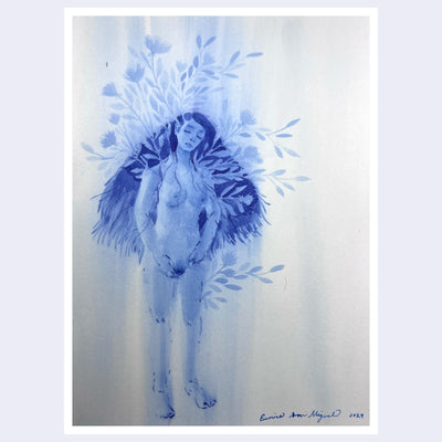 Blue watercolor illustration of a nude woman, standing with flowers blurred and coming out of her body.