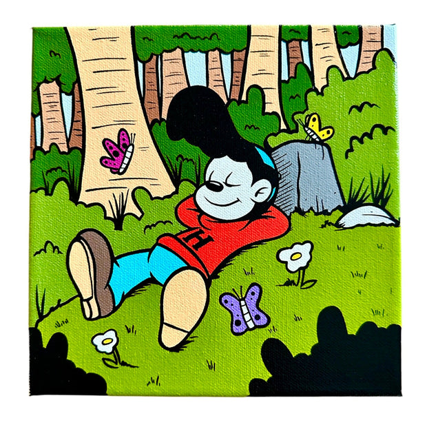 Cartoon style painting with bright colors and black outlines of a character wearing a red sweater and jeans, laying in a forest with many butterflies around.