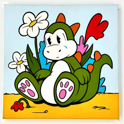 Cartoon style painting of a cute green dinosaur, sitting and looking sad with a single tear. Behind it are various flowers and a light blue clear sky.