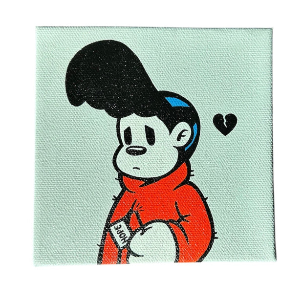 Painting on a mint green colored canvas of a cartoon character with a large black pompadour, red hoody and striped blue hat. It holds a broken stick that says "hope" and looks sad, with a broken heart emote nearby.