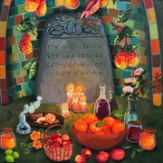 Painting of a gravestone in a dark forest, lit up by candles with lots of offerings set in front of it: fruit, jams, wines, flowers, and burning incense. The headstone is in front of a tiled mosaic of mangoes. A small bird sits atop the stone. Close up.