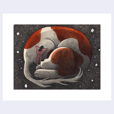 Illustration done mostly in graphite with subtle coloring of a large dog, white with red brown spots. It curls into itself, sleeping with a small girl hugging it.