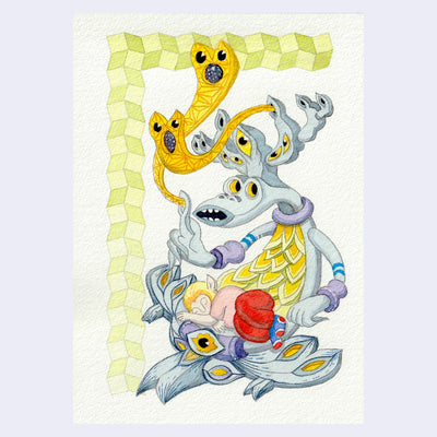 Illustration of a character with a wide mouth, many eyes and a feathered chest. It sits on the floor with a little elf boy sleeping in its lap. Yellow geometric shaped characters come out its fingers.