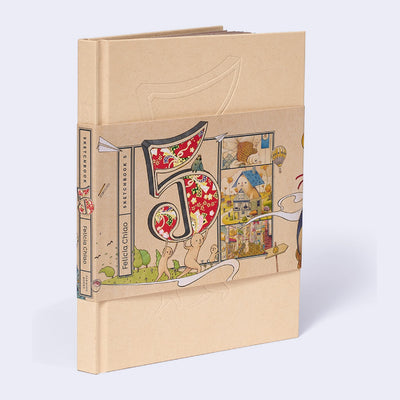 Hardcover cream colored book with an embossed 5 and a sleeve cover of colorful illustrations and small characters holding up a patterned number 5.