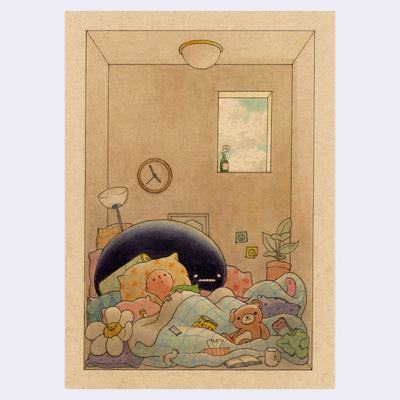 Illustration on toned paper of a small round headed character resting in a bed of many pillows and blankets. It looks off to the ceiling and a large black blob lays behind. The sky can be seen from a small window.