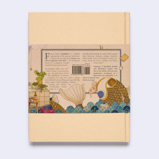 Back cover of cream colored book with a sleeve of printed information about the book contents and artist, Felicia Chiao.