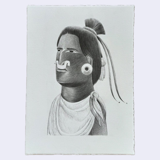 Graphite drawing of an Aztec style person with strong features, akin to a Maoi Statue. Its decorated with large piercings and feathers.