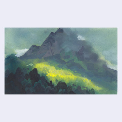 Plein air painting of a tall mountain enshrouded in fog. In front of it is a dense forest with one patch of it lit bright from the sunlight and the rest cast in shadow.