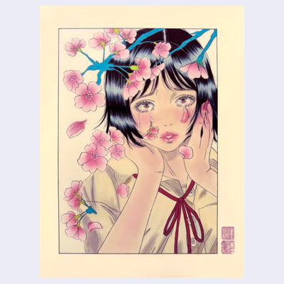 Illustration on cream paper of a girl with short black hair, with her hands to her face, crying tears of cherry blossom petals. In front of her is a cherry blossom tree branch.