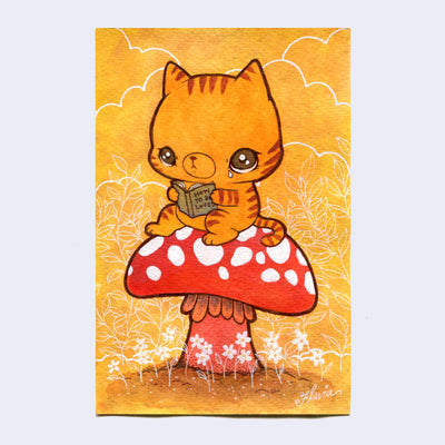 Painting on orange background of an orange cat sitting on a red spotted mushroom, tearing up and reading the book "How to be Loved."