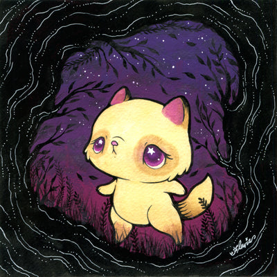 Illustration of a cute cartoon style cat or fox, with purple sparkly eyes and a slightly fearful expression. It walks through a dark purple forest, towards a spiral of black trees.