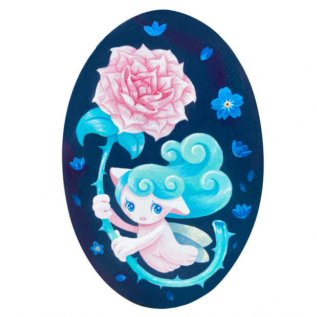 Painting on blue oval shaped wood panel of a small doglike fairy person with curled blue hair. They hold a large thorny rose.