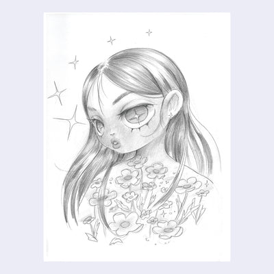 Graphite sketch of a girl with long, straight hair with many small flowers in front of her.