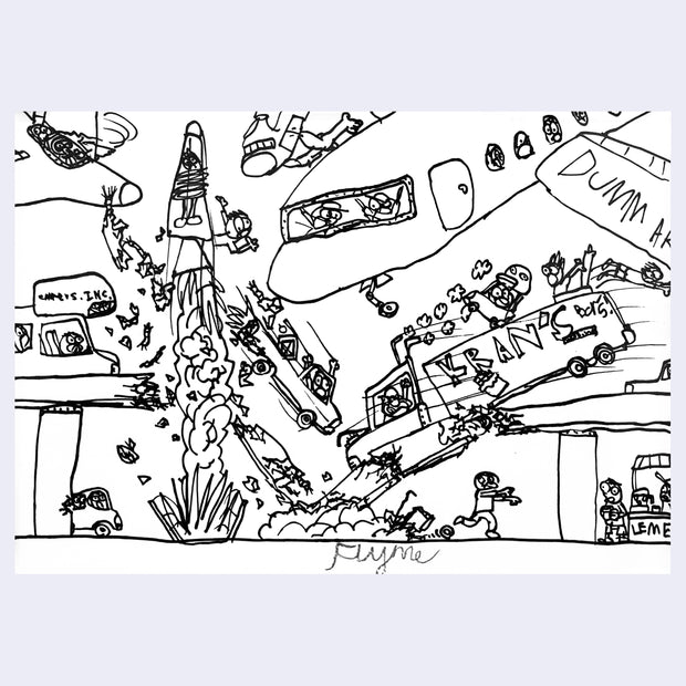 Black ink illustration on white paper of a child's drawing of many vehicles all crashing into one another, with people flying out of them and running away.