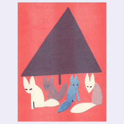 Risograph print of 4 foxes drawn in a simplistic style with narrow eyes and fluffy tails. They all sit on the ground with a large triangle shaped tree behind them.