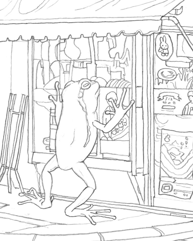 Pencil illustration, detail shot of a frog looking longingly into a storefront window.