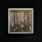 Watercolor and ink illustration of a forest scene, with many tall trees and spiky, frayed branches. Many small white faceless characters meander around them and a shadowy black silhouette stands far away looking in.