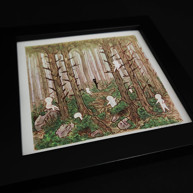 Watercolor and ink illustration of a forest scene, with many tall trees and spiky, frayed branches. Many small white faceless characters meander around them and a shadowy black silhouette stands far away looking in.