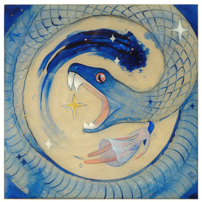 Painting on wood panel of a blue and light tan snake, coiled into a circle with its mouth wide open and fangs revealed. A gold star is positioned in the center and a stroke of dark blue paint is above the snake's head. Below the snake is a small woman in a white dress, looking up towards it.