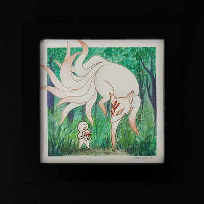 Illustration of a white kitsune fox, very large with 9 tails. It stands in the middle of a lush forest next to a small character who holds a kitsune mask.