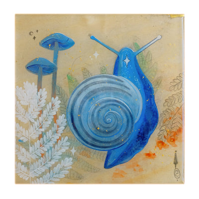 a fern and two blue mushrooms are on the left side and a blue snail with a striped shell is on the middle/right. There is also a very small shadow figure in the lower right corner above the artist's signature