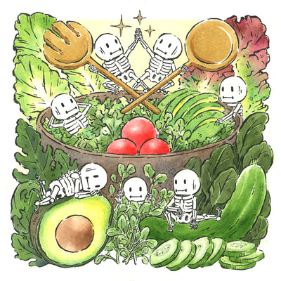 Watercolor illustration of a lush display of green veggies such as lettuce, avocado, spinach, cucumbers and herbs. A full salad bowl is in the middle with small skeletons holding up serving utensils and hanging around the veggies.