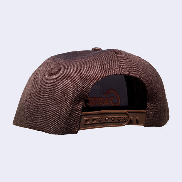 Back view of a cap with a snap closure backing.